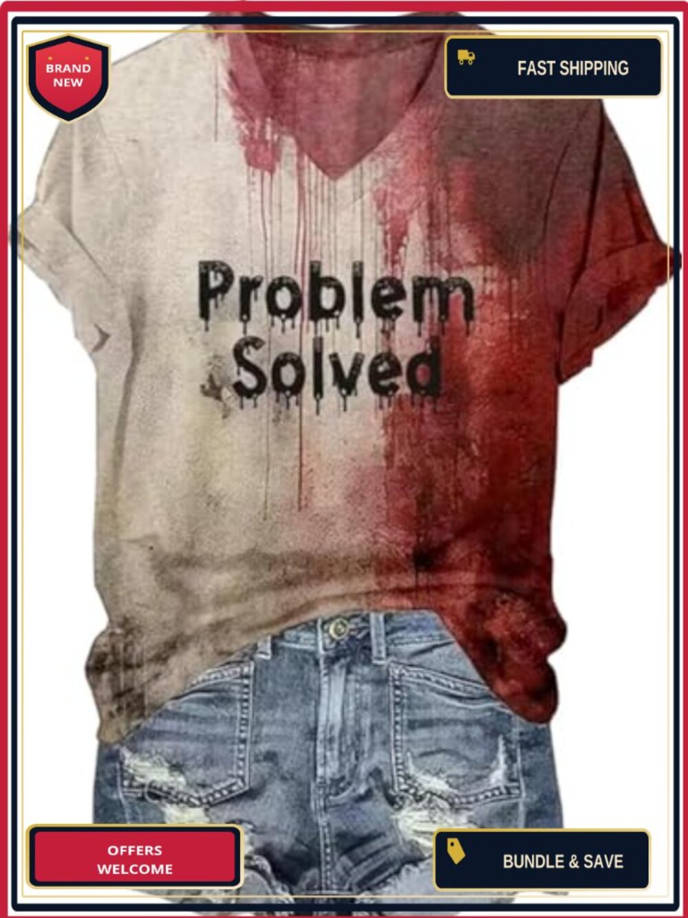 Womens Halloween I'm Fine Problem Solved Blood Horror Graphic Tee V-Neck Short